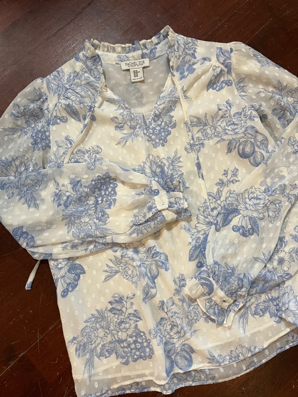 🌻3/$15🌻 Rachel Zoe White and Light Blue Floral Sheer Blouse